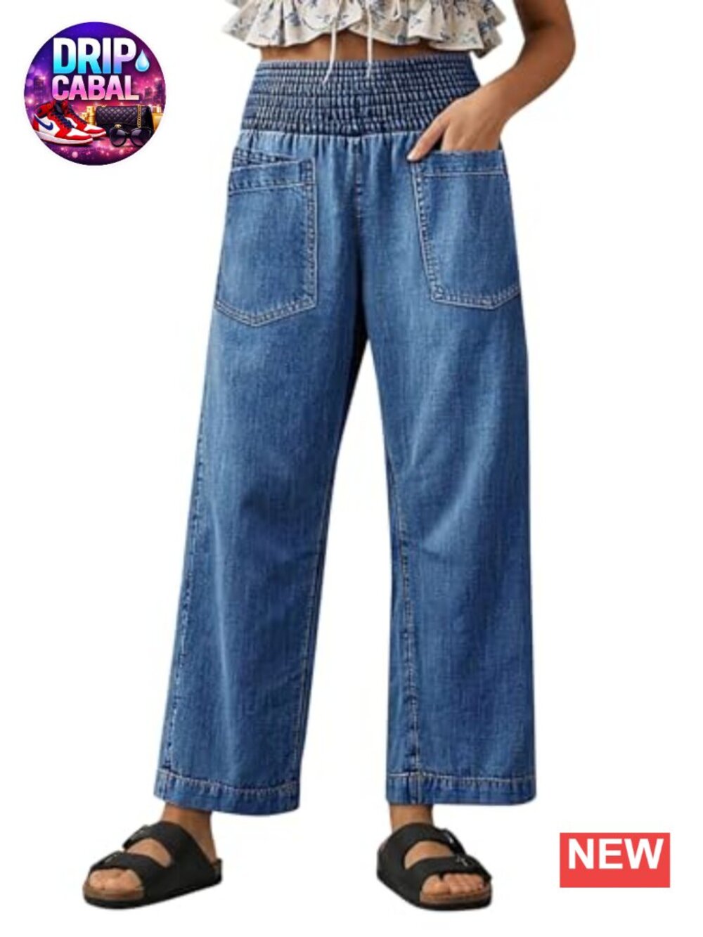 Womens High Rise Wide Leg Pull On Jeans Cotton Blend Stretchy Casual Denim Pants